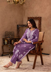 Purple Embroidered Cotton Kurta with Palazzo-P1308PURPLE